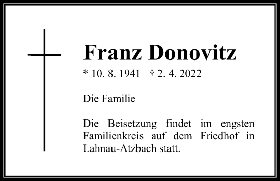Traueranzeige von Franz Donovitz von Giessener Anzeiger, Giessener Allgemeine, Alsfelder Allgemeine