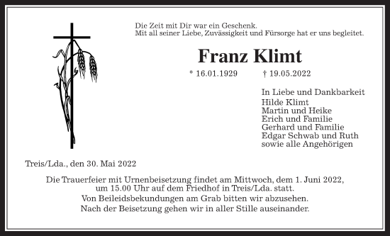 Traueranzeige von Franz Klimt von Giessener Allgemeine, Alsfelder Allgemeine