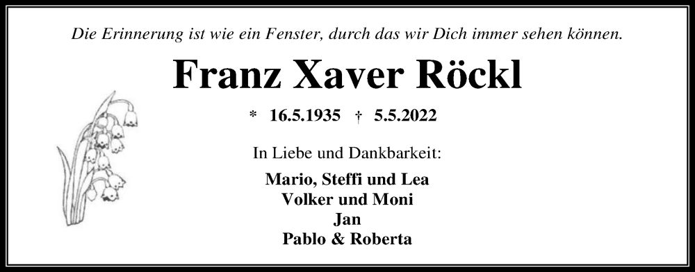  Traueranzeige für Franz Xaver Röckl vom 14.05.2022 aus Kreis-Anzeiger