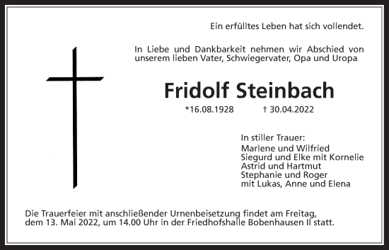 Traueranzeige von Fridolf Steinbach von Alsfelder Allgemeine