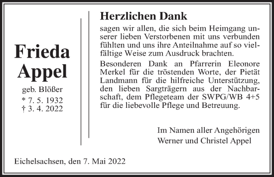 Traueranzeige von Frieda Appel von Kreis-Anzeiger