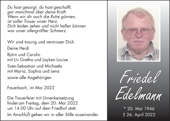 Traueranzeige von Friedel Edelmann von Kreis-Anzeiger