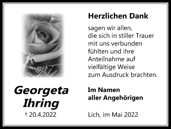 Traueranzeige von Georgeta Ihring von Licher Wochenblatt
