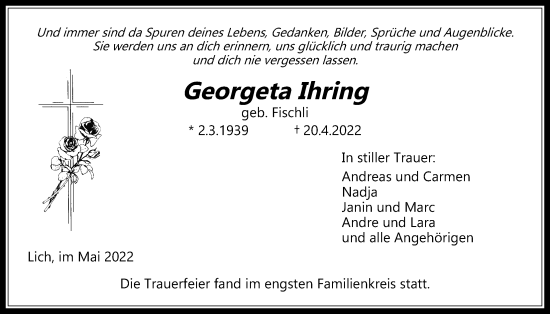 Traueranzeige von Georgeta Ihring von Licher Wochenblatt