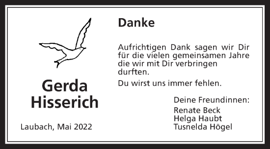 Traueranzeige von Gerda Hisserich von Laubacher Anzeiger