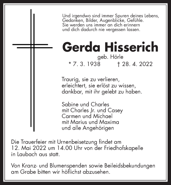 Traueranzeige von Gerda Hisserich von Laubacher Anzeiger, Giessener Anzeiger, Giessener Allgemeine, Alsfelder Allgemeine, Giessener Anzeiger, Giessener Allgemeine, Alsfelder Allgemeine