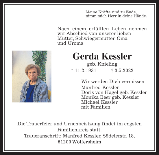 Traueranzeige von Gerda Kessler von Wetterauer Zeitung