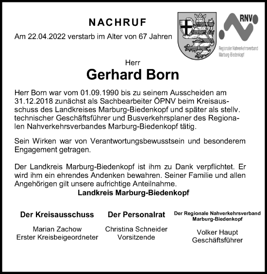 Traueranzeige von Gerhard Born von Giessener Allgemeine, Alsfelder Allgemeine