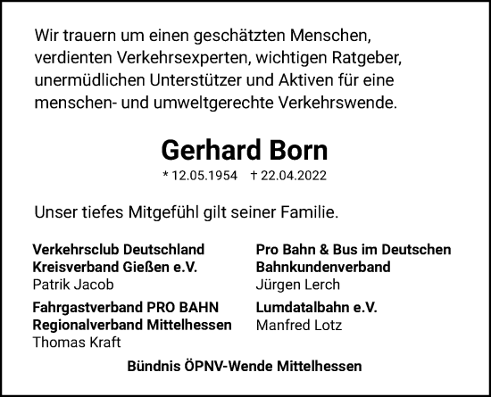 Traueranzeige von Gerhard Born von Giessener Anzeiger, Giessener Allgemeine, Alsfelder Allgemeine