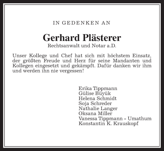Traueranzeige von Gerhard Plästerer von Wetterauer Zeitung, Giessener Allgemeine, Alsfelder Allgemeine