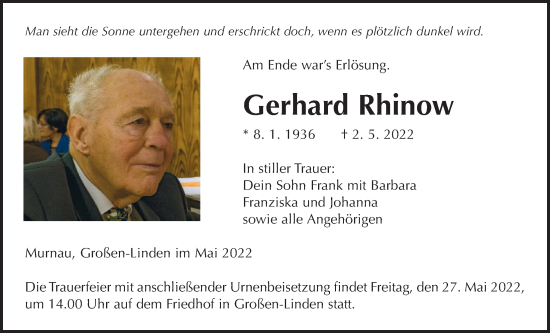 Traueranzeige von Gerhard Rhinow von Giessener Anzeiger, Giessener Allgemeine, Alsfelder Allgemeine