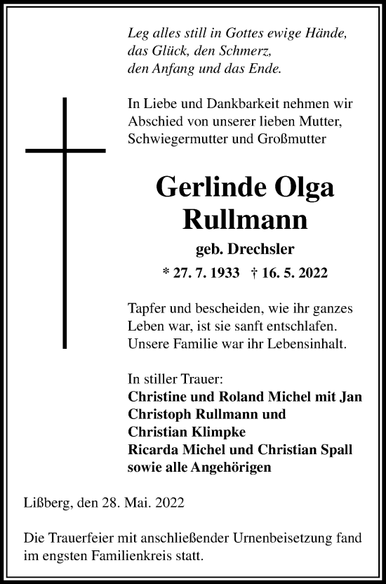 Traueranzeige von Gerlinde Olga Rullmann von Kreis-Anzeiger
