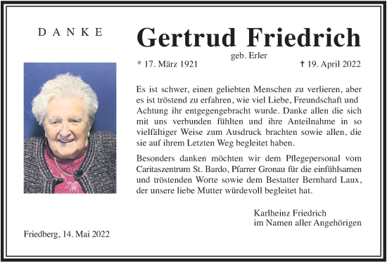 Traueranzeige von Gertrud Friedrich von Wetterauer Zeitung