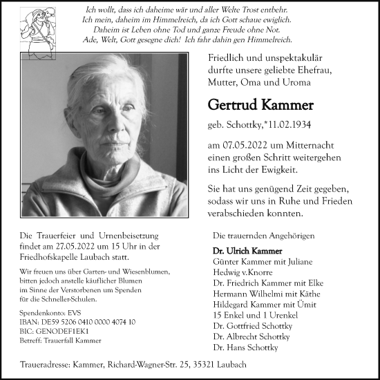 Traueranzeige von Gertrud Kammer von Laubacher Anzeiger, Giessener Anzeiger, Giessener Allgemeine, Alsfelder Allgemeine