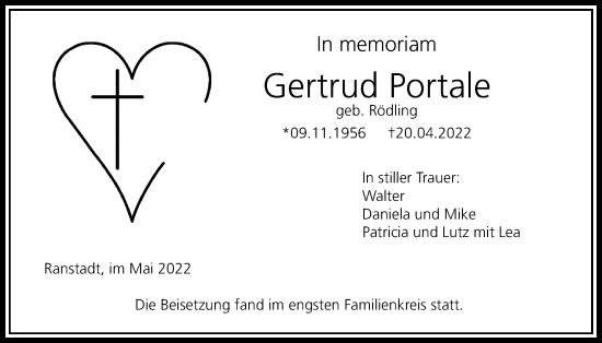 Traueranzeige von Gertrud Portale von Kreis-Anzeiger