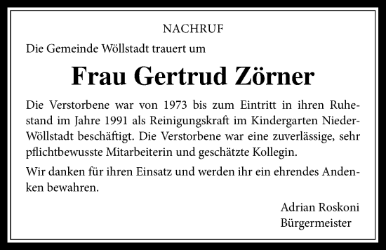 Traueranzeige von Gertrud Zörner von Wetterauer Zeitung