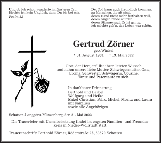 Traueranzeige von Gertrud Zörner von Wetterauer Zeitung