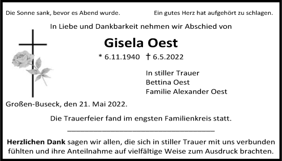 Traueranzeige von Gisela Oest von Giessener Allgemeine, Alsfelder Allgemeine