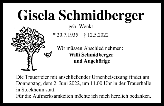 Traueranzeige von Gisela Schmidberger von Kreis-Anzeiger