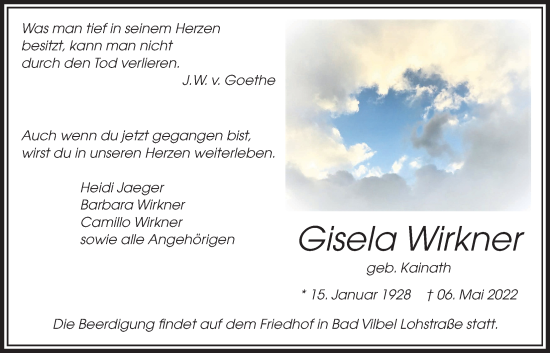 Traueranzeige von Gisela Wirkner von Bad Vilbel/Karben
