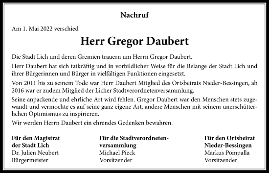 Traueranzeige von Gregor Daubert von Licher Wochenblatt