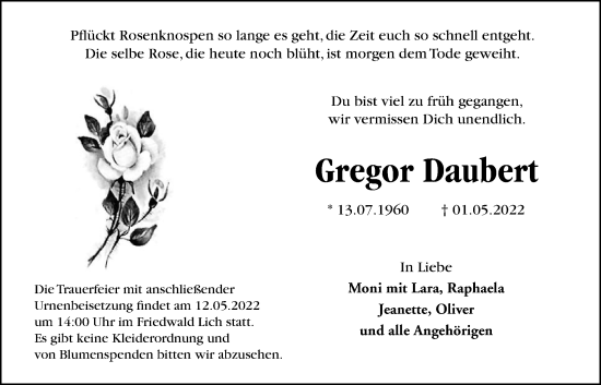 Traueranzeige von Gregor Daubert von Giessener Allgemeine, Alsfelder Allgemeine