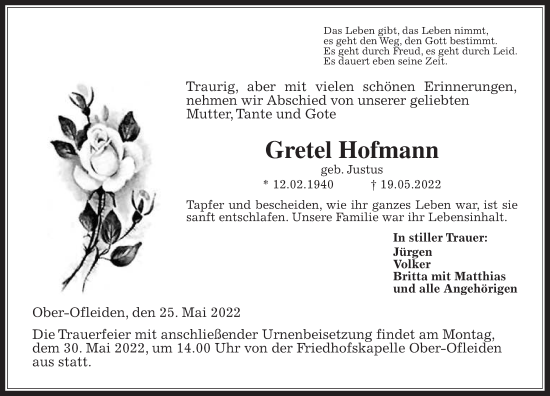 Traueranzeige von Gretel Hofmann von Alsfelder Allgemeine