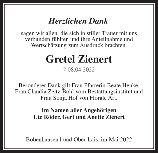 Traueranzeige von Gretel Zienert von Kreis-Anzeiger