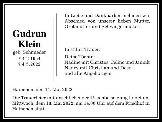 Traueranzeige von Gudrun Klein von Kreis-Anzeiger