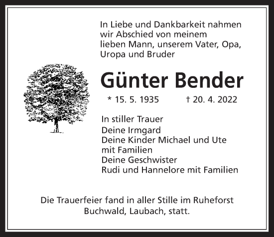 Traueranzeige von Günter Bender von Kreis-Anzeiger
