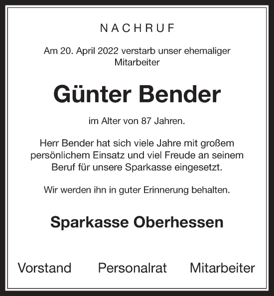Traueranzeige von Günter Bender von Kreis-Anzeiger
