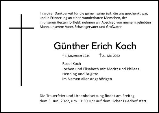Traueranzeige von Günther Erich Koch von Giessener Anzeiger