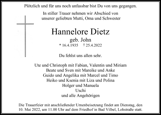 Traueranzeige von Hannelore Dietz von Bad Vilbel/Karben