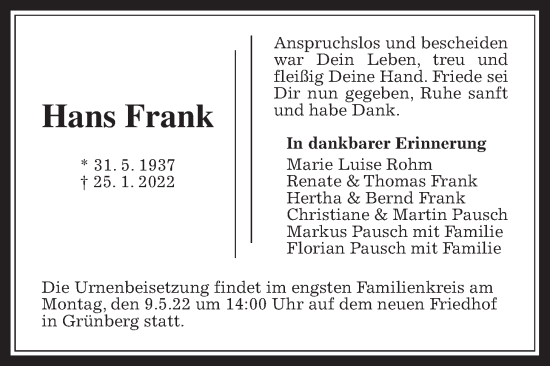 Traueranzeige von Hans Frank von Giessener Allgemeine, Alsfelder Allgemeine