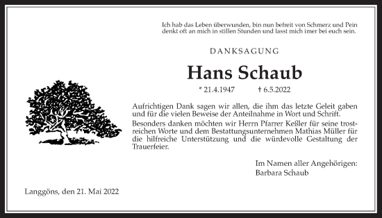 Traueranzeige von Hans Schaub von Giessener Anzeiger, Giessener Allgemeine, Alsfelder Allgemeine