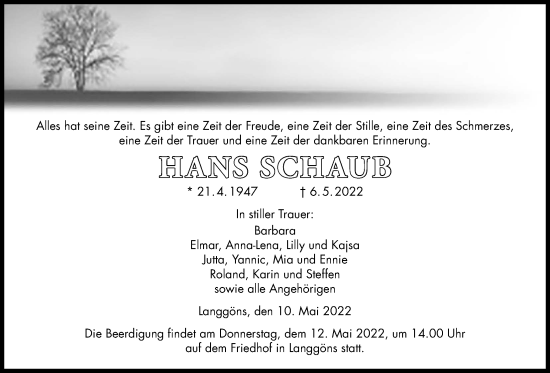 Traueranzeige von Hans Schaub von Giessener Anzeiger, Giessener Allgemeine, Alsfelder Allgemeine