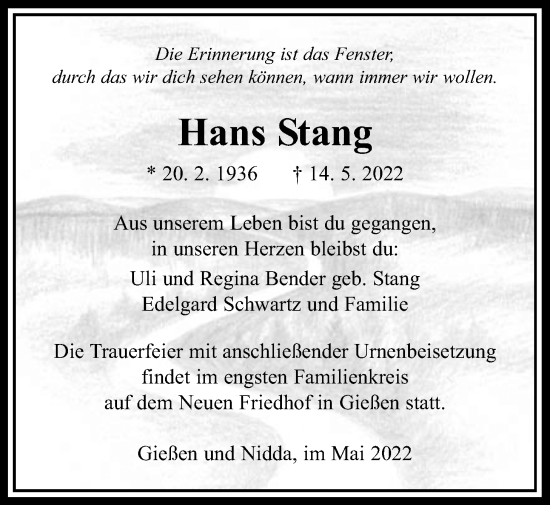 Traueranzeige von Hans Stang von Giessener Allgemeine, Alsfelder Allgemeine, Kreis-Anzeiger