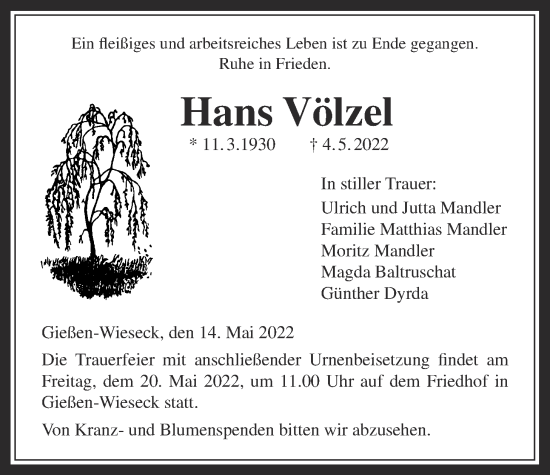 Traueranzeige von Hans Völzel von Giessener Anzeiger, Giessener Allgemeine, Alsfelder Allgemeine