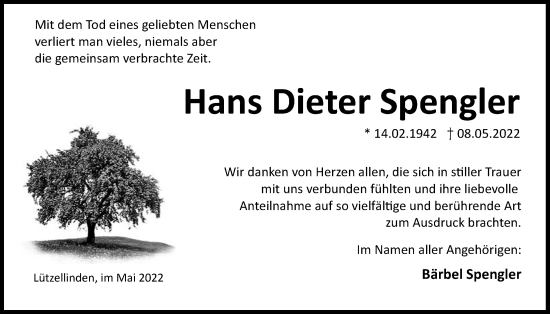 Traueranzeige von Hans Dieter Spengler von Giessener Allgemeine, Alsfelder Allgemeine
