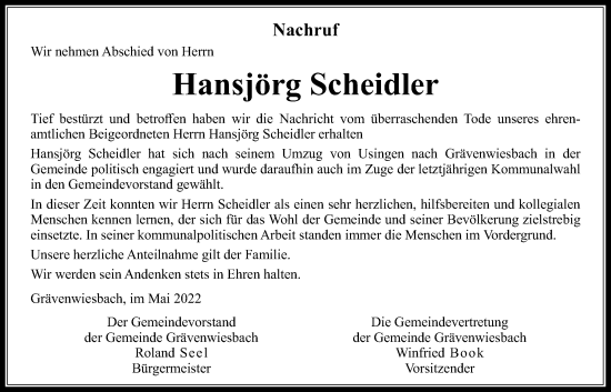 Traueranzeige von Hansjörg Scheidler von Usinger Anzeiger