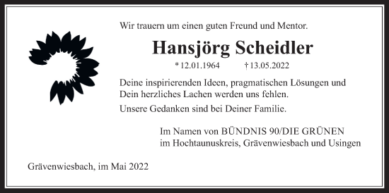 Traueranzeige von Hansjörg Scheidler von Usinger Anzeiger