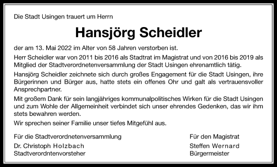 Traueranzeige von Hansjörg Scheidler von Usinger Anzeiger