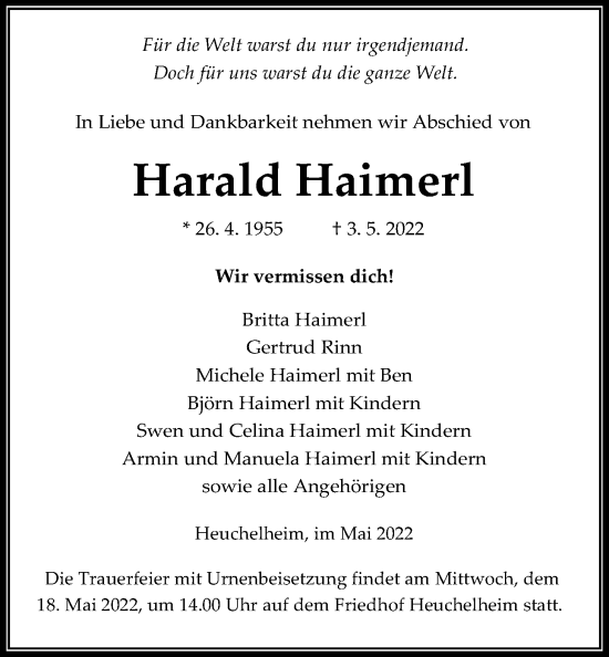 Traueranzeige von Harald Haimerl von Giessener Allgemeine, Alsfelder Allgemeine