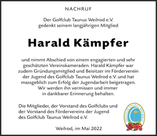 Traueranzeige von Harald Kämpfer von Usinger Anzeiger