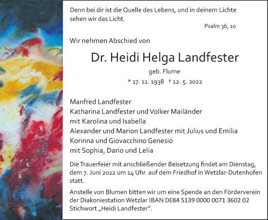 Traueranzeige von Heidi Helga Landfester von Giessener Allgemeine, Alsfelder Allgemeine, Giessener Anzeiger