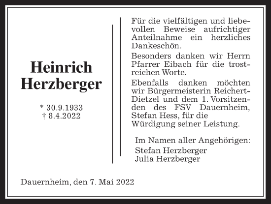 Traueranzeige von Heinrich Herzberger von Kreis-Anzeiger