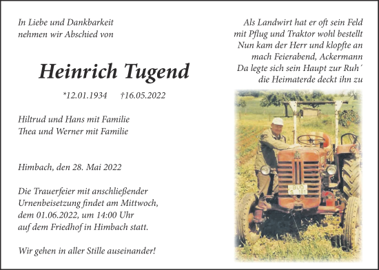 Traueranzeige von Heinrich Tugend von Kreis-Anzeiger