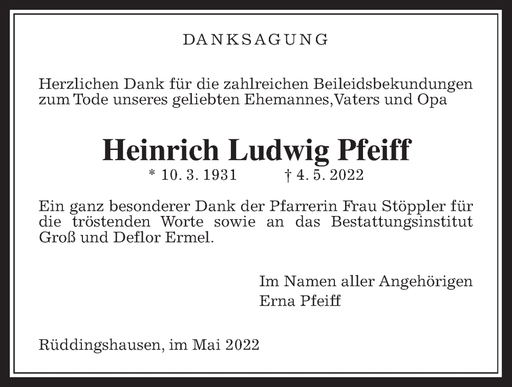  Traueranzeige für Heinrich Ludwig Pfeiff vom 27.05.2022 aus Rabenauer Zeitung
