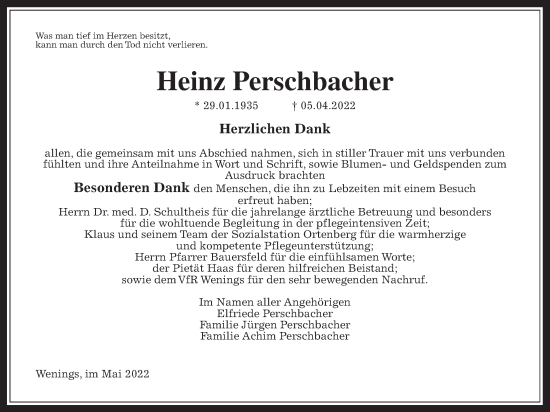Traueranzeige von Heinz Perschbacher von Kreis-Anzeiger