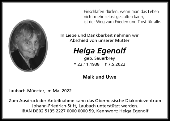 Traueranzeige von Helga Egenolf von Licher Wochenblatt